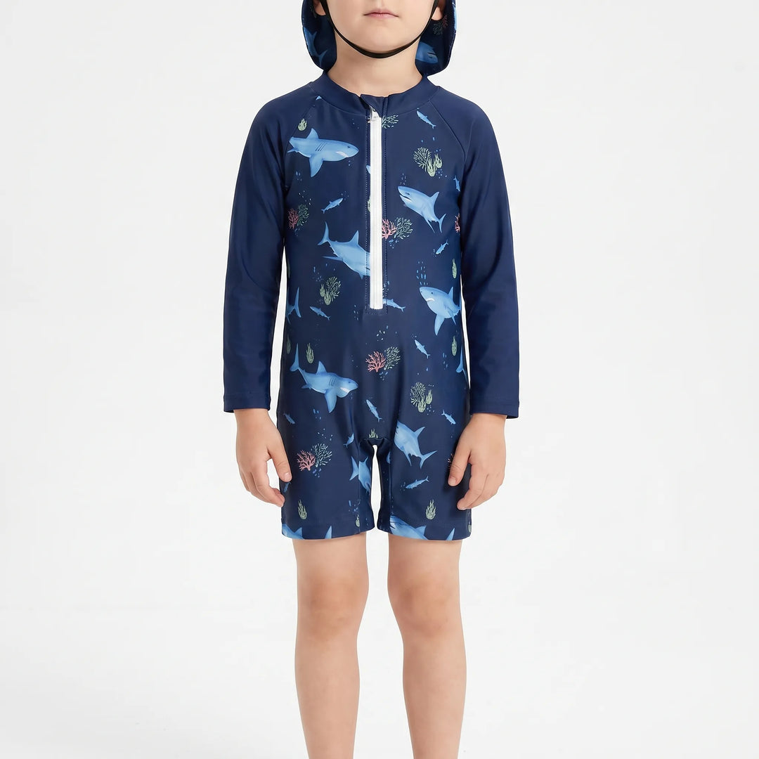 Toddler long-sleeve swimsuit top, shorts, & sun protection hat. UV beach outfit for boys & girls, summer ready.