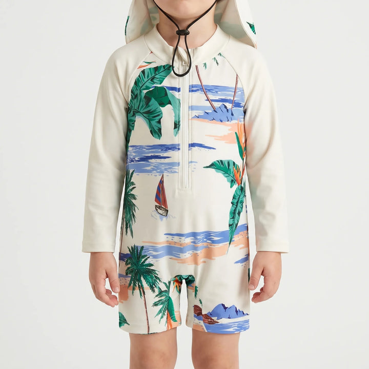 Children's UV swim set: long-sleeve top, shorts, & sun flap hat. Essential sun protection for toddler beachwear.