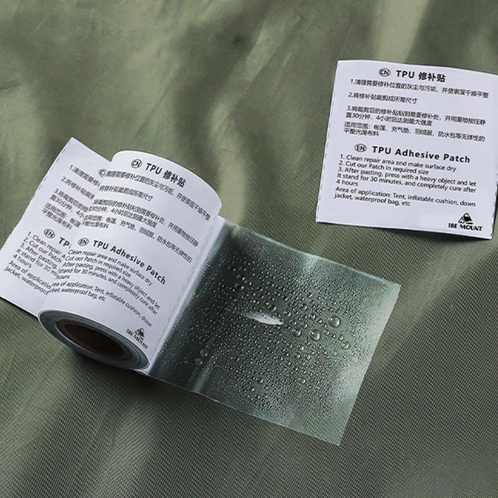 Unrolled TPU adhesive repair patch, ready for use on outdoor gear, a vital camping accessory