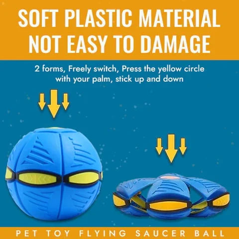 Fun flying saucer dog toy with light-up features. Durable & transforms into a ball for outdoor fetch games.