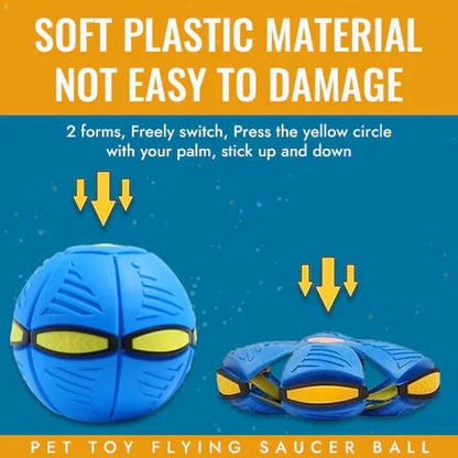 Fun flying saucer dog toy with light-up features. Durable & transforms into a ball for outdoor fetch games.