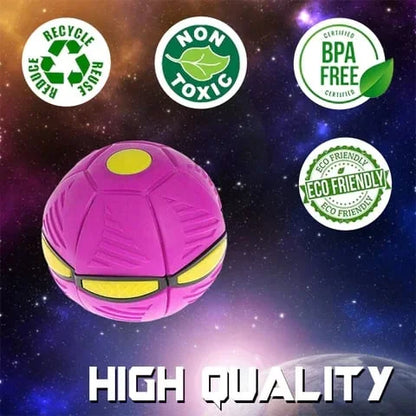 LED light-up flying saucer ball dog toy for exciting nighttime outdoor fetch. Durable interactive pet play.
