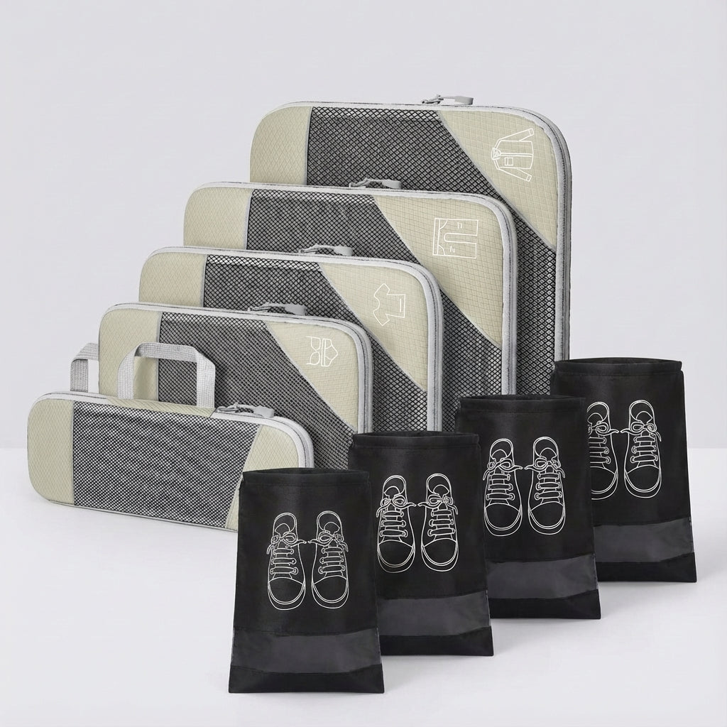 Luggage organization set with travel packing cubes. Different sizes for efficient suitcase packing.