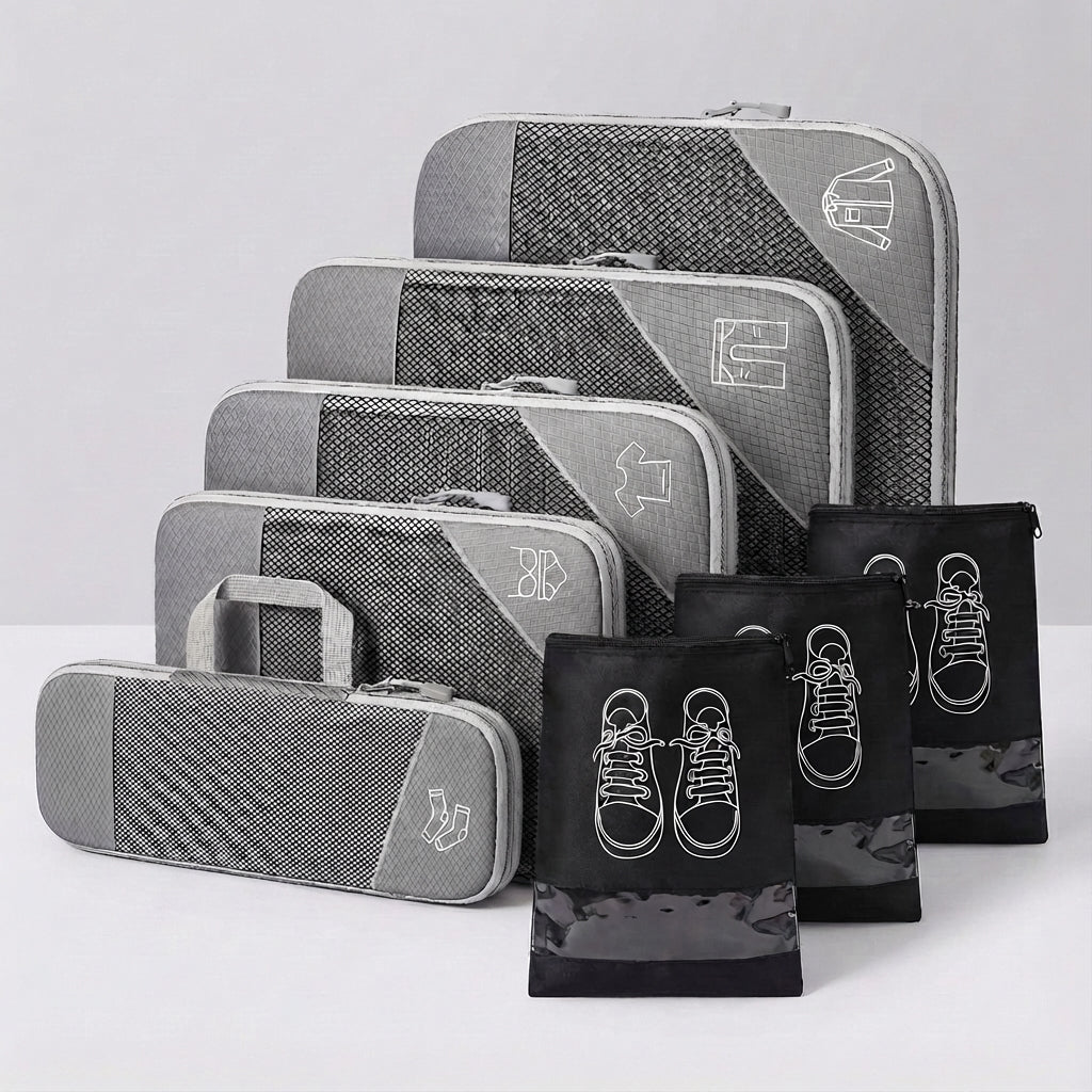 Detailed view of a LiteCube packing cube zipper. Durable Oxford fabric for travel organization.