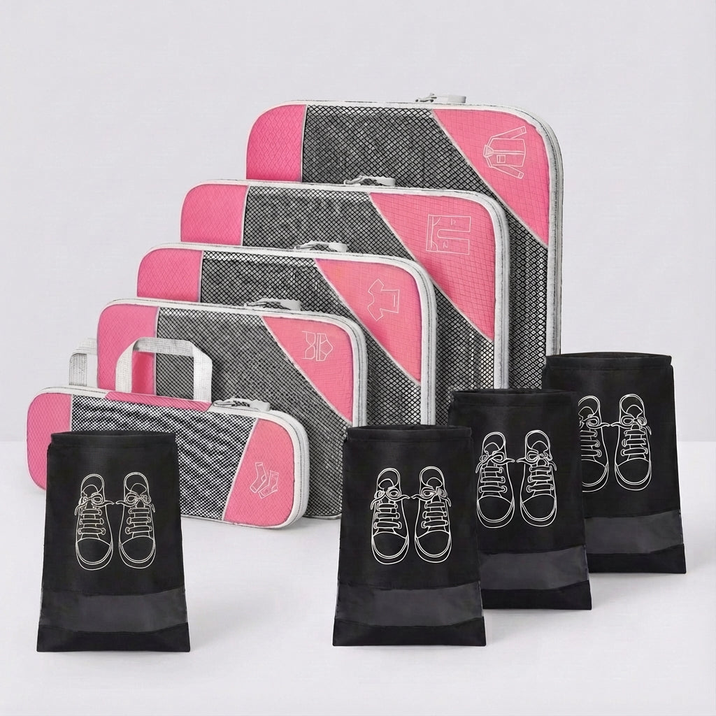 Complete travel organizer set with multi-size packing cubes. Streamline your luggage packing for trips.