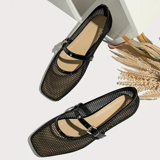 Trendy women's black square-toe Mary Jane flats, perfect for fashion-forward casual or work wear. Comfortable strap shoes.