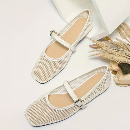 Comfortable white square-toe Mary Jane flats for women, featuring a chic strap and designer-style appeal. Fashion footwear.