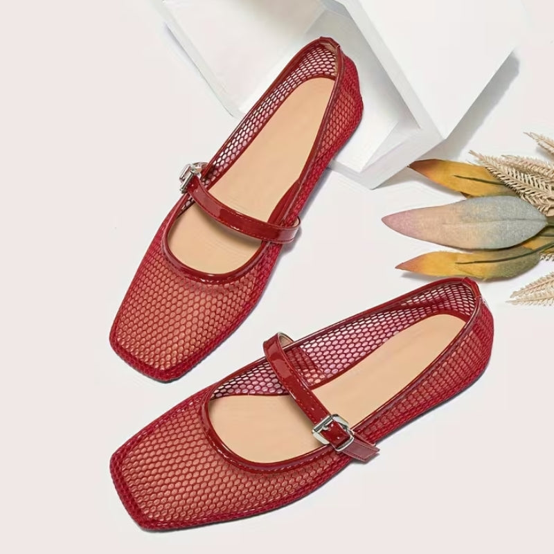 Stylish red women's square-toe Mary Jane flats, ideal for casual outfits. Trendy and comfortable strap shoes. Fashion footwear.