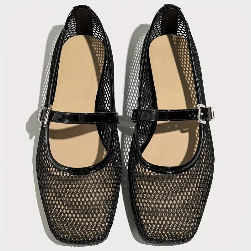 Black square-toe Mary Jane flats for women, offering designer style and trendy fashion footwear. Comfortable strap shoes.