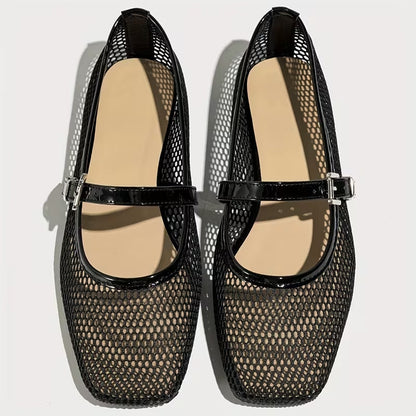 Black square-toe Mary Jane flats for women, offering designer style and trendy fashion footwear. Comfortable strap shoes.