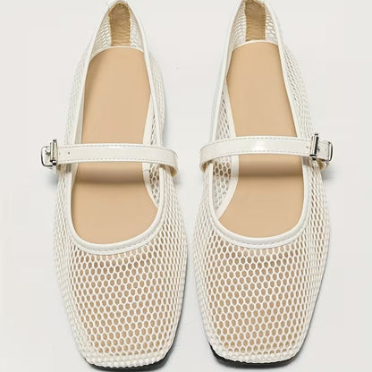 Modern women's square-toe Mary Jane flats, comfortable and trendy. Available in black, white, red. Chic strap design footwear.