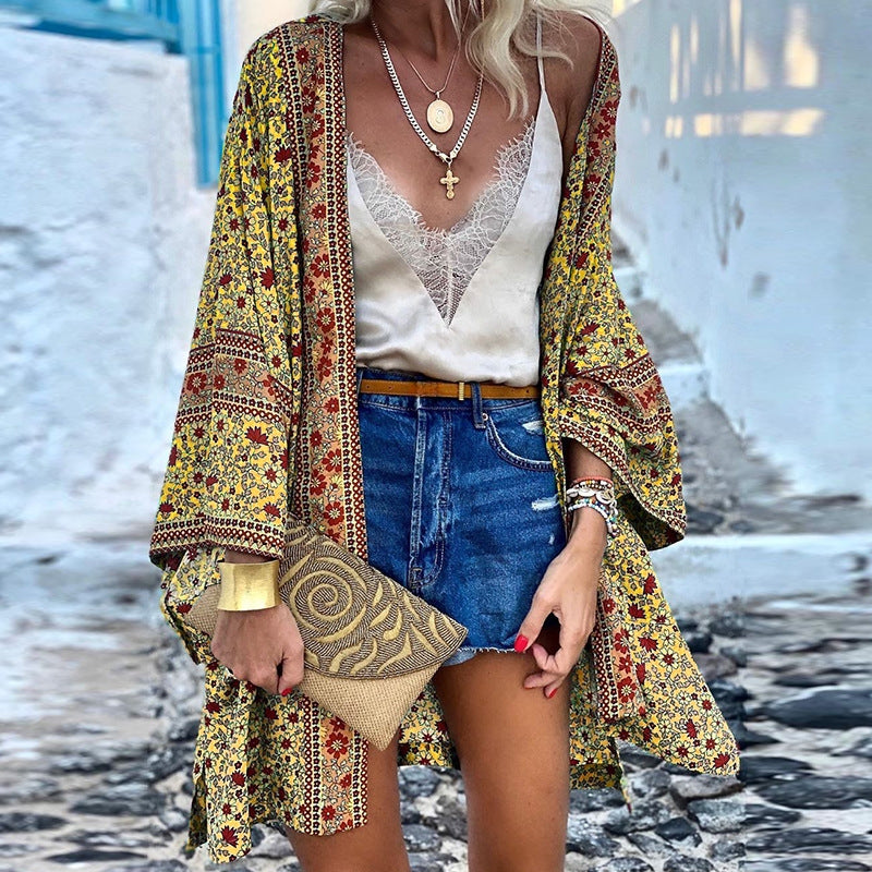 Trendy women's boho pattern cardigan with vibrant design. Perfect for a casual, layered look.