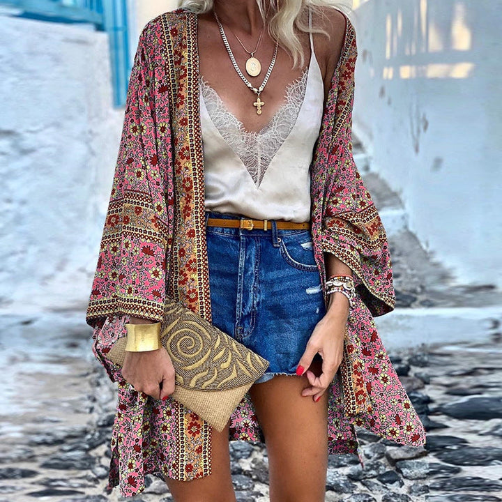 Vibrant boho pattern cardigan for women. Stylish and trendy, ideal for a chic casual layered look.