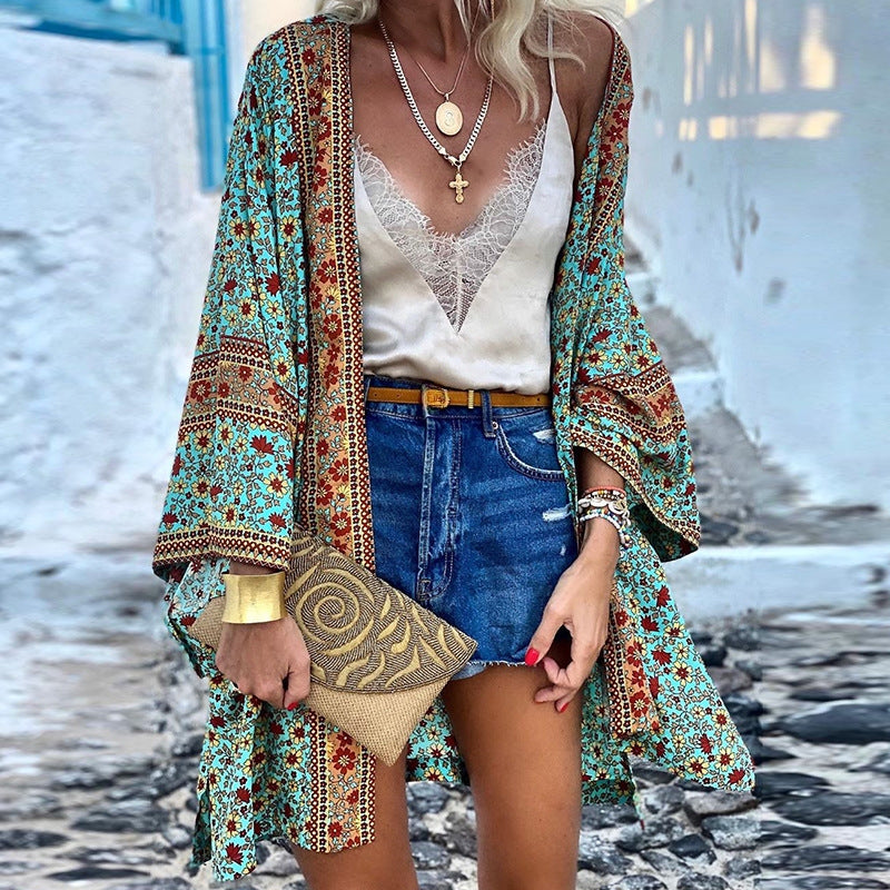 Fashionable women's long sleeve boho cardigan. Open front, relaxed fit, and trendy pattern for casual wear.
