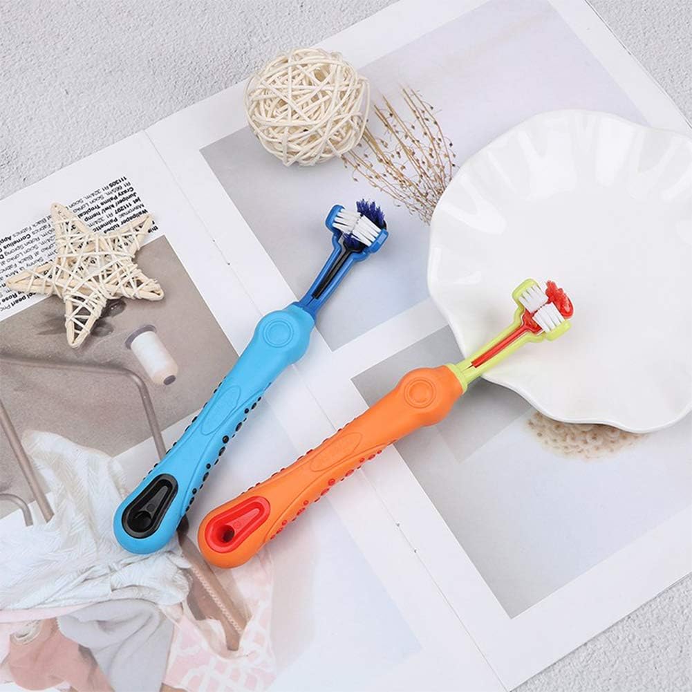 Ergonomic tri-sided dog toothbrush designed for comprehensive cleaning & easy pet dental care.