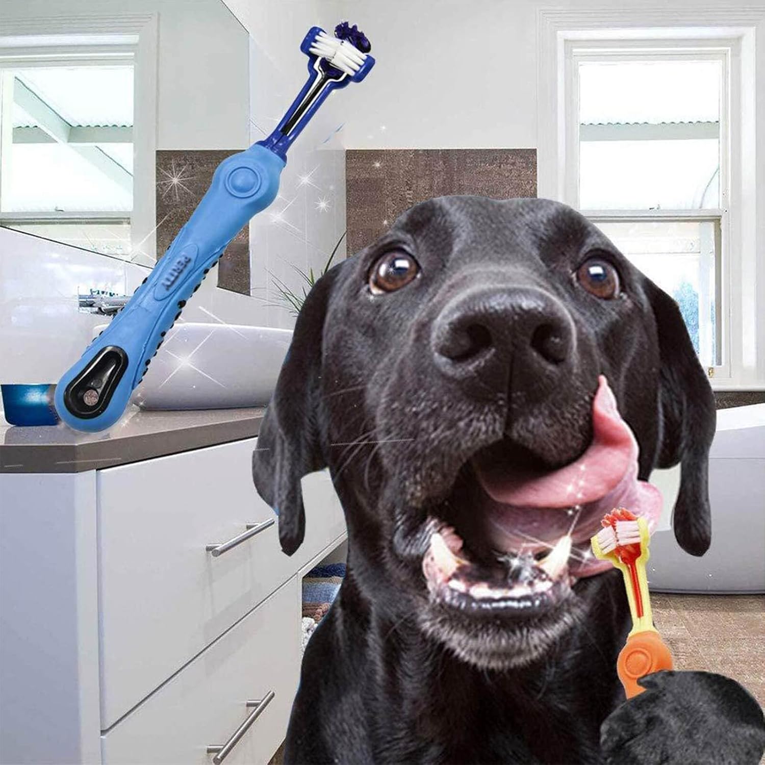 Innovative tri-sided dog toothbrush offers superior dental cleaning for tartar removal & fresh breath.