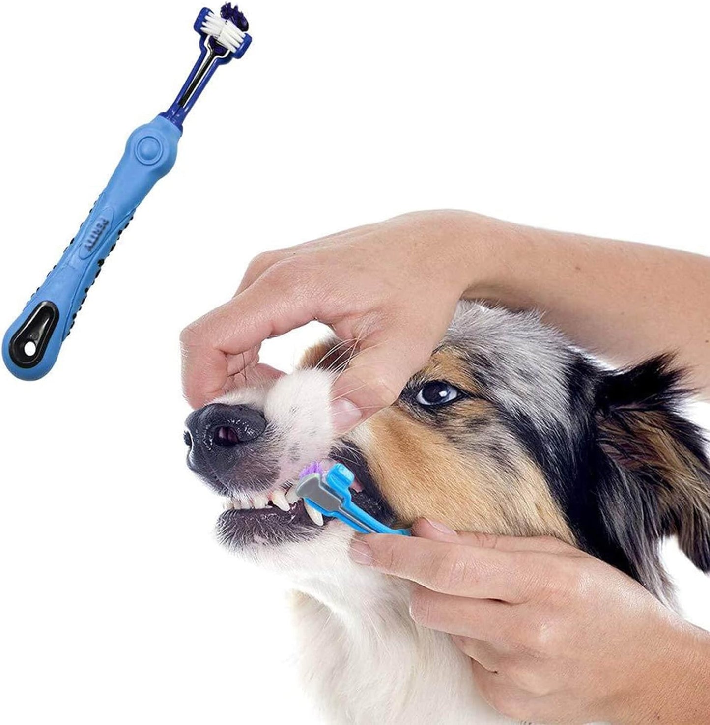 Durable tri-sided dog toothbrush, an effective pet care tool for daily dental hygiene and fresh breath.