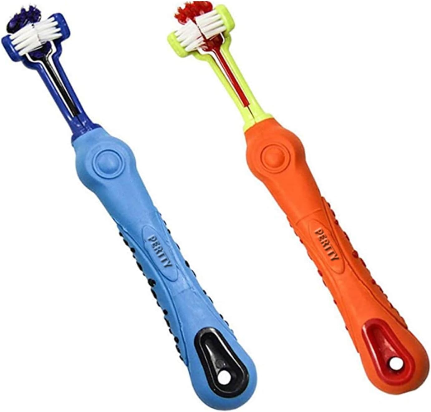 Advanced tri-sided dog toothbrush for pet dental hygiene, controlling tartar and promoting fresh breath in dogs.