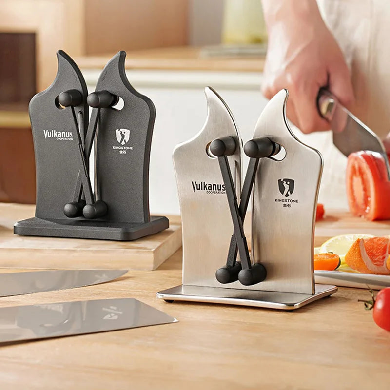 Triple-action knife sharpener for professional chefs & home kitchens, black stainless steel design.