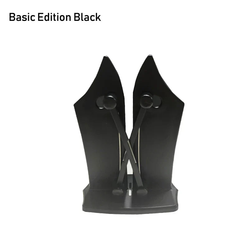 Stainless steel triple-action knife sharpener, an adjustable system for sharpening kitchen blades.