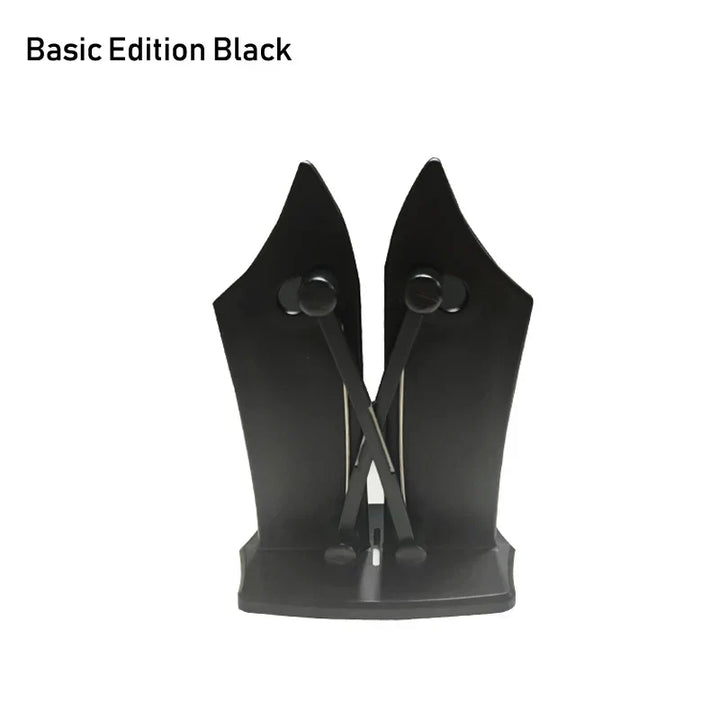 Stainless steel triple-action knife sharpener, an adjustable system for sharpening kitchen blades.