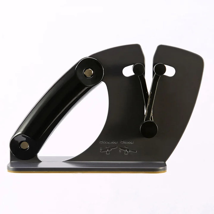 Sleek metal black triple-action sharpening system, a modern kitchen tool for sharp knives.