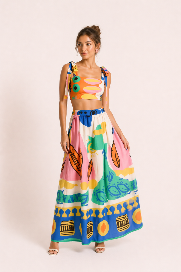 Tropical print crop top & high-waisted maxi skirt set for women. Perfect summer vacation beachwear outfit.
