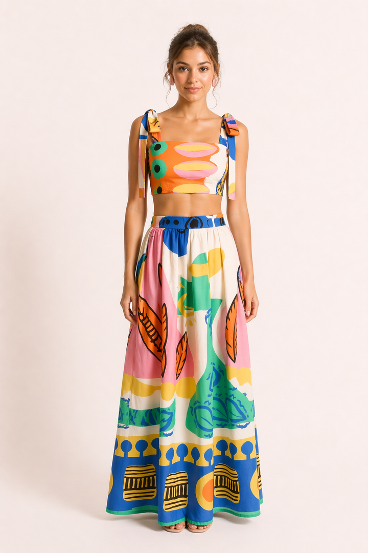 Vacation-ready tropical print crop top and high-waisted flowy maxi skirt. Stylish women's two-piece set.