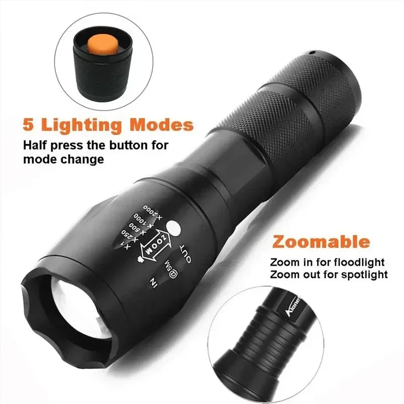 Zoomable LED tactical flashlight with 5 modes, a portable light for emergencies