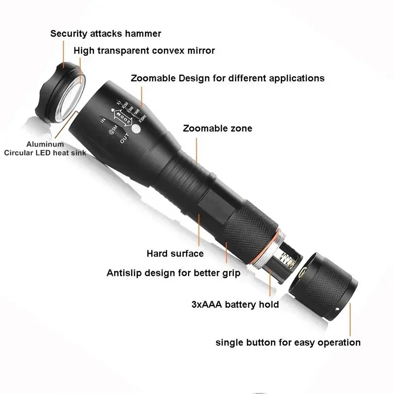Pair of black high lumen LED tactical torches, showcasing durable design for outdoor use