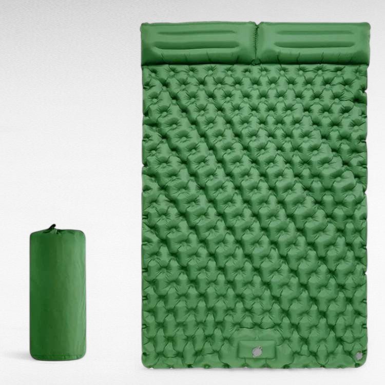 Two-person inflatable sleeping pad with integrated foot pump for camping, comfortable & portable.