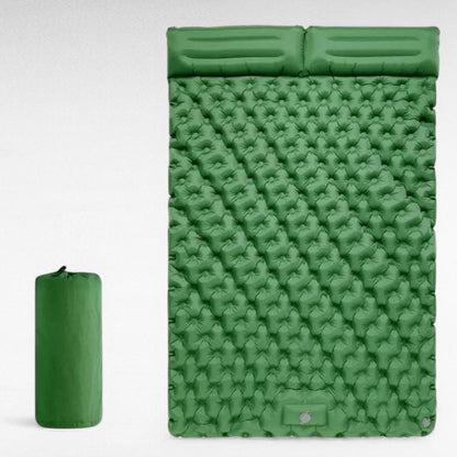 Two-person inflatable sleeping pad with integrated foot pump for camping, comfortable & portable.