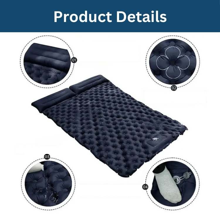 Side view of inflated two-person sleeping pad, highlighting thickness and comfort for campers.