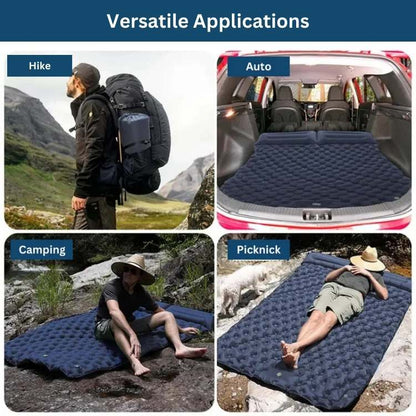 Top-down view of textured surface on two-person sleeping pad, grip & comfort for outdoor use.