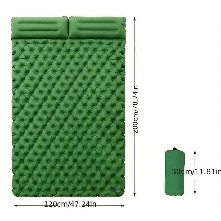 Portable two-person air mattress rolled up with carrying bag, essential lightweight camping gear.