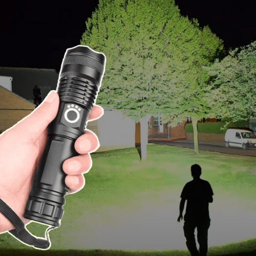 Ultra bright 90,000 lumens LED flashlight for powerful outdoor illumination. Rechargeable & durable.
