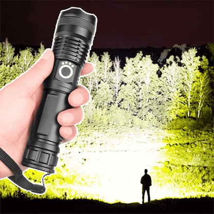 Tactical LED flashlight, 90,000 lumens, for camping, hiking, & outdoor adventures. Waterproof & durable.