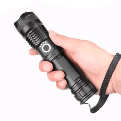 XHP50 LED tactical flashlight, 90,000 lumens, rechargeable for powerful, ultra bright outdoor lighting.