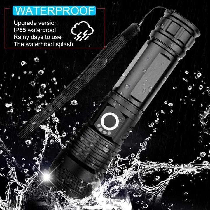 Durable, waterproof 90,000 lumens LED outdoor flashlight. Rechargeable & powerful for any weather.
