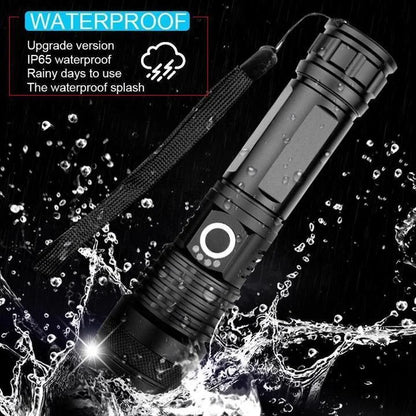 Durable, waterproof 90,000 lumens LED outdoor flashlight. Rechargeable & powerful for any weather.