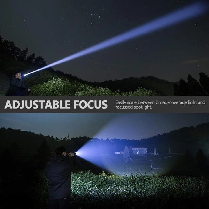 Bright 90,000 lumens LED flashlight illuminating a dark trail. Ideal for camping & outdoor safety.