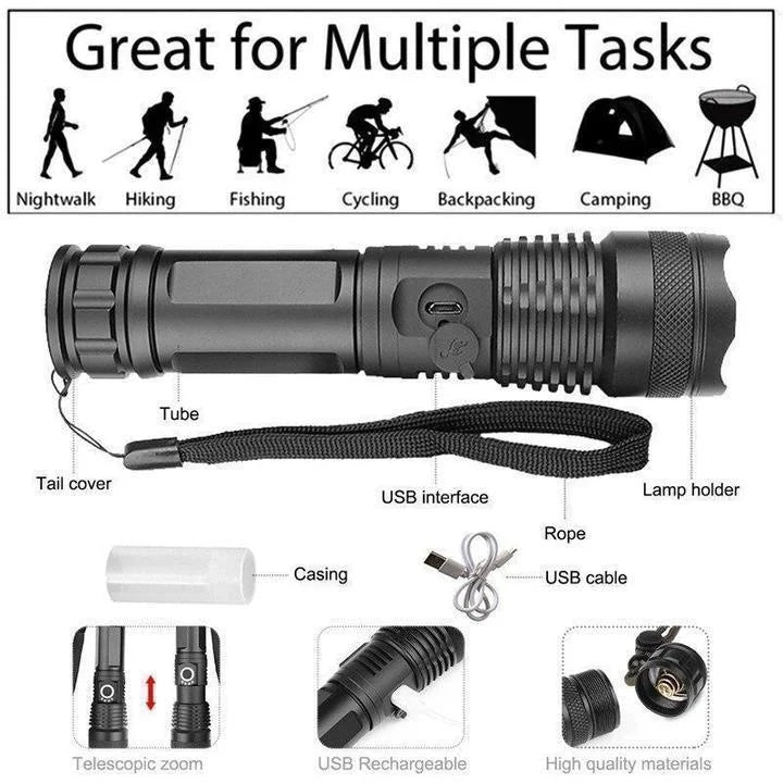 Powerful 90,000 lumens rechargeable LED flashlight, essential gear for tactical use & outdoor camping.