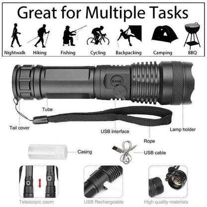 Powerful 90,000 lumens rechargeable LED flashlight, essential gear for tactical use & outdoor camping.