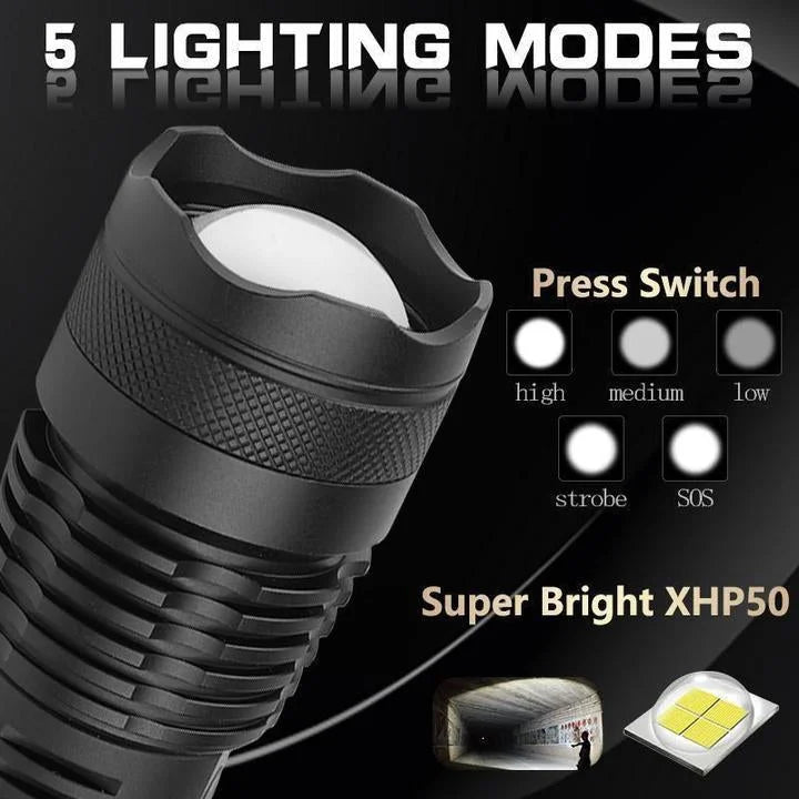 90,000 lumens ultra bright LED flashlight beam cutting through darkness. Perfect for powerful outdoor lighting.