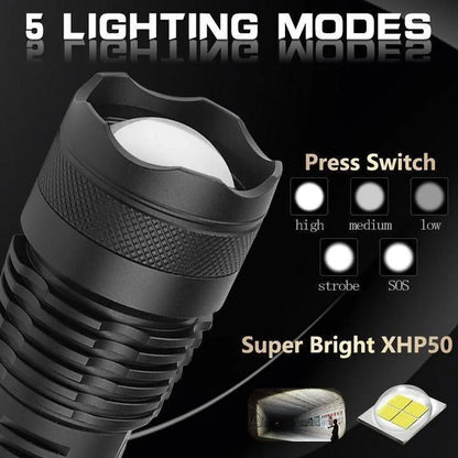 90,000 lumens ultra bright LED flashlight beam cutting through darkness. Perfect for powerful outdoor lighting.