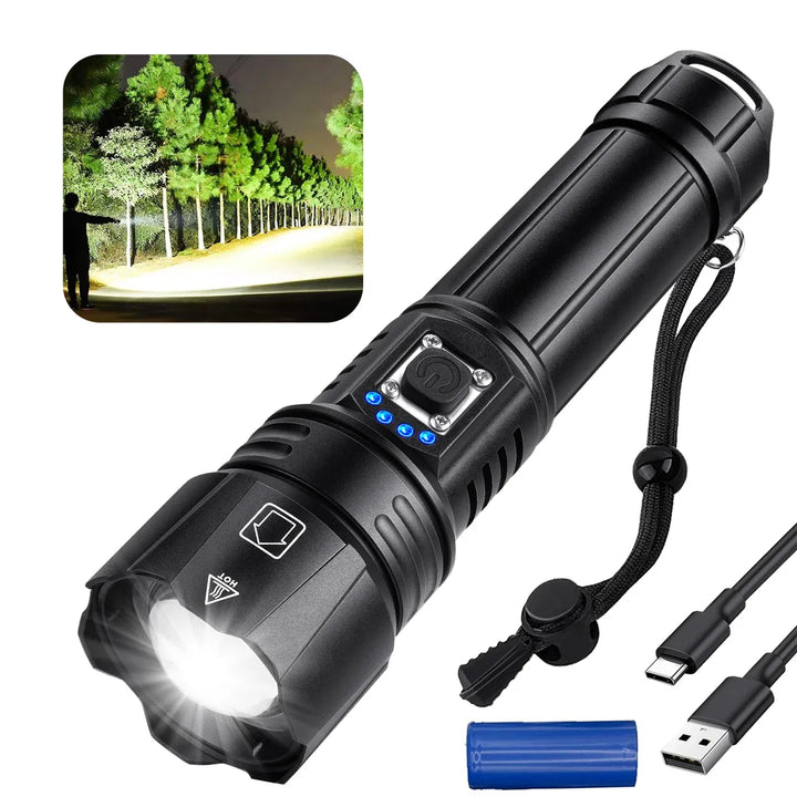 Ultra-bright rechargeable LED flashlight, 5 modes, for camping, outdoor, & emergency use.