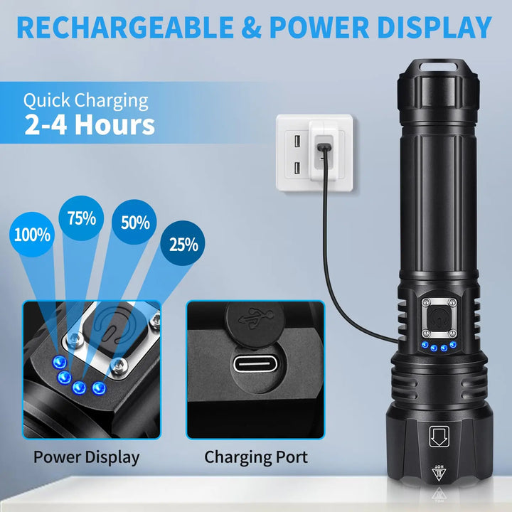 Compact ultra-bright portable LED flashlight. Rechargeable, 5 modes for camping & emergencies.