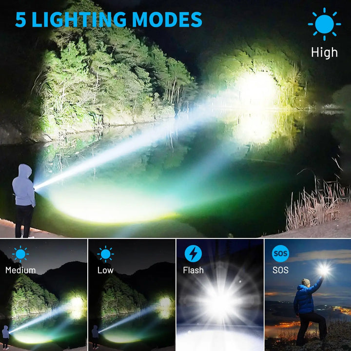 High lumen rechargeable LED flashlight with 5 modes, perfect for camping, hiking, & emergency light.