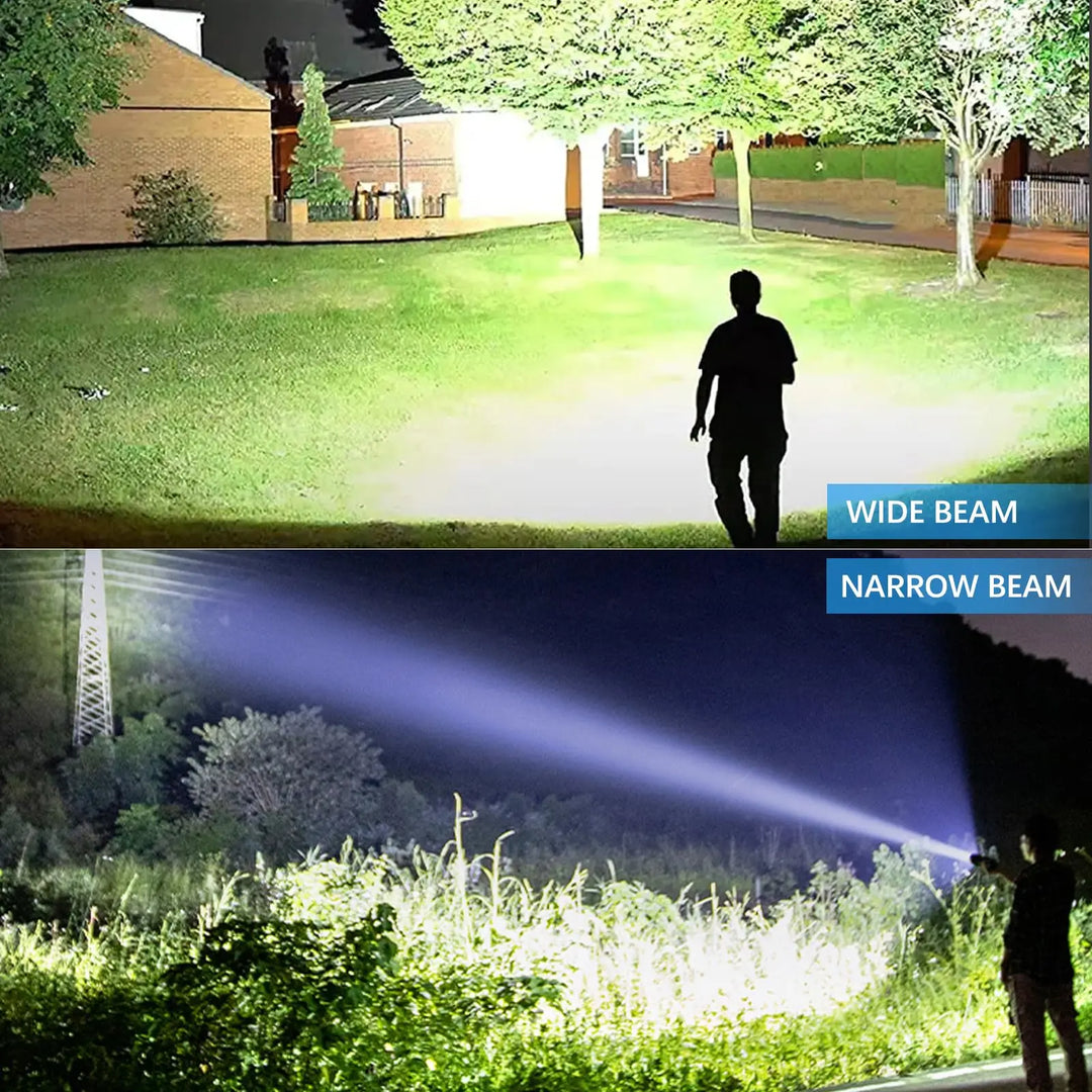 Powerful high lumen rechargeable LED torch, 5 modes, durable for tactical & emergency situations.