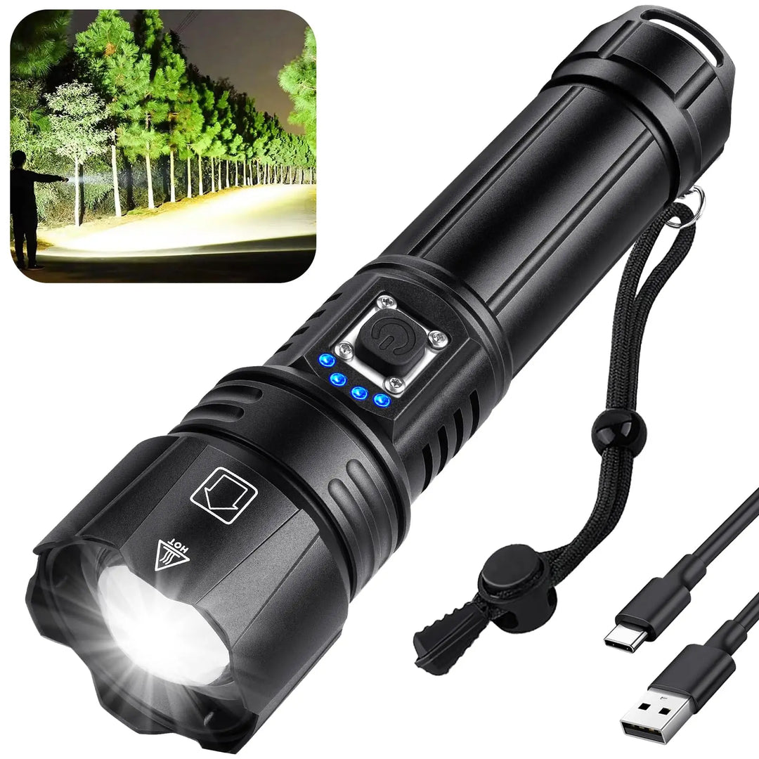 Waterproof rechargeable LED flashlight, 5 modes, durable for outdoor adventure & emergency kits.